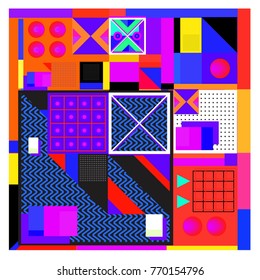 Trendy geometric elements memphis colorful and glowing design. Retro 90’s style texture, pattern and elements. Modern abstract background design and cover template.