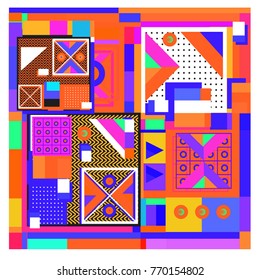 Trendy geometric elements memphis colorful and glowing design. Retro 90’s style texture, pattern and elements. Modern abstract background design and cover template.