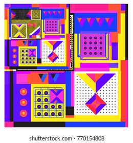 Trendy geometric elements memphis colorful and glowing design. Retro 90’s style texture, pattern and elements. Modern abstract background design and cover template.