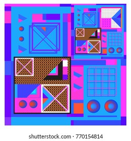 Trendy geometric elements memphis colorful and glowing design. Retro 90’s style texture, pattern and elements. Modern abstract background design and cover template.