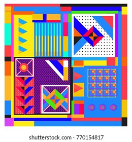 Trendy geometric elements memphis colorful and glowing design. Retro 90’s style texture, pattern and elements. Modern abstract background design and cover template.