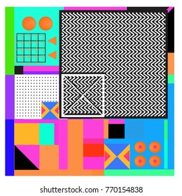 Trendy geometric elements memphis colorful and glowing design. Retro 90’s style texture, pattern and elements. Modern abstract background design and cover template.