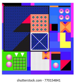 Trendy geometric elements memphis colorful and glowing design. Retro 90’s style texture, pattern and elements. Modern abstract background design and cover template.
