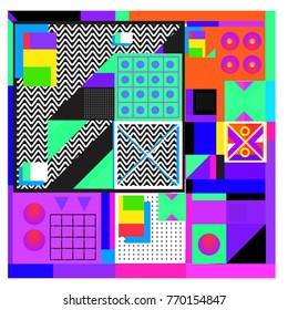 Trendy geometric elements memphis colorful and glowing design. Retro 90’s style texture, pattern and elements. Modern abstract background design and cover template.