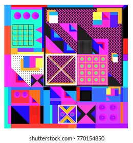 Trendy geometric elements memphis colorful and glowing design. Retro 90’s style texture, pattern and elements. Modern abstract background design and cover template.