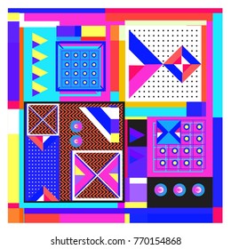 Trendy geometric elements memphis colorful and glowing design. Retro 90’s style texture, pattern and elements. Modern abstract background design and cover template.