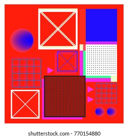 Trendy geometric elements memphis colorful and glowing design. Retro 90’s style texture, pattern and elements. Modern abstract background design and cover template.