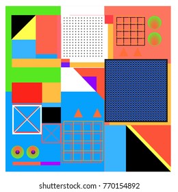 Trendy geometric elements memphis colorful and glowing design. Retro 90’s style texture, pattern and elements. Modern abstract background design and cover template.