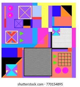 Trendy geometric elements memphis colorful and glowing design. Retro 90’s style texture, pattern and elements. Modern abstract background design and cover template.