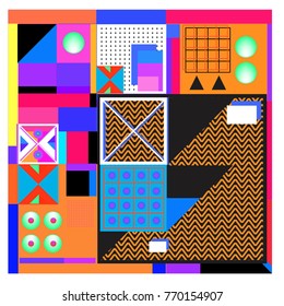 Trendy geometric elements memphis colorful and glowing design. Retro 90’s style texture, pattern and elements. Modern abstract background design and cover template.