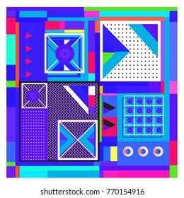 Trendy geometric elements memphis colorful and glowing design. Retro 90’s style texture, pattern and elements. Modern abstract background design and cover template.