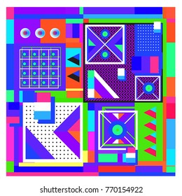 Trendy geometric elements memphis colorful and glowing design. Retro 90’s style texture, pattern and elements. Modern abstract background design and cover template.