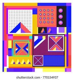 Trendy geometric elements memphis colorful and glowing design. Retro 90’s style texture, pattern and elements. Modern abstract background design and cover template.