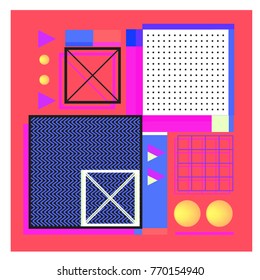 Trendy geometric elements memphis colorful and glowing design. Retro 90’s style texture, pattern and elements. Modern abstract background design and cover template.