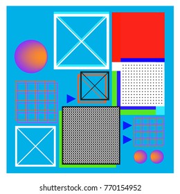 Trendy geometric elements memphis colorful and glowing design. Retro 90’s style texture, pattern and elements. Modern abstract background design and cover template.