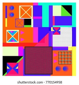 Trendy geometric elements memphis colorful and glowing design. Retro 90’s style texture, pattern and elements. Modern abstract background design and cover template.