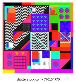 Trendy geometric elements memphis colorful and glowing design. Retro 90’s style texture, pattern and elements. Modern abstract background design and cover template.