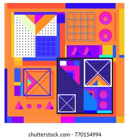 Trendy geometric elements memphis colorful and glowing design. Retro 90’s style texture, pattern and elements. Modern abstract background design and cover template.