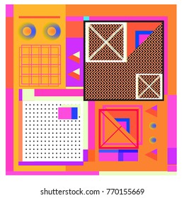 Trendy geometric elements memphis colorful and glowing design. Retro 90’s style texture, pattern and elements. Modern abstract background design and cover template.
