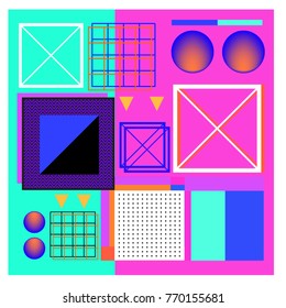 Trendy geometric elements memphis colorful and glowing design. Retro 90’s style texture, pattern and elements. Modern abstract background design and cover template.