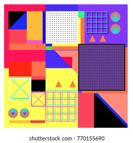 Trendy geometric elements memphis colorful and glowing design. Retro 90’s style texture, pattern and elements. Modern abstract background design and cover template.