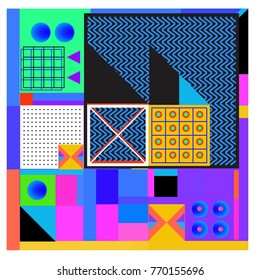 Trendy geometric elements memphis colorful and glowing design. Retro 90’s style texture, pattern and elements. Modern abstract background design and cover template.