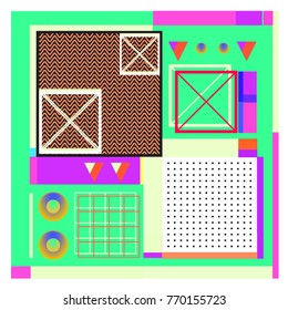 Trendy geometric elements memphis colorful and glowing design. Retro 90’s style texture, pattern and elements. Modern abstract background design and cover template.