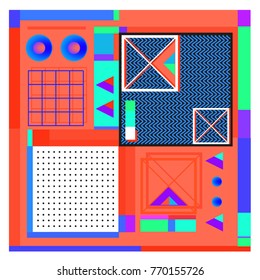 Trendy geometric elements memphis colorful and glowing design. Retro 90’s style texture, pattern and elements. Modern abstract background design and cover template.