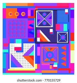 Trendy geometric elements memphis colorful and glowing design. Retro 90’s style texture, pattern and elements. Modern abstract background design and cover template.