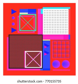 Trendy geometric elements memphis colorful and glowing design. Retro 90’s style texture, pattern and elements. Modern abstract background design and cover template.
