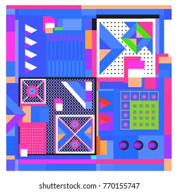 Trendy geometric elements memphis colorful and glowing design. Retro 90’s style texture, pattern and elements. Modern abstract background design and cover template.