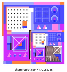 Trendy geometric elements memphis colorful and glowing design. Retro 90’s style texture, pattern and elements. Modern abstract background design and cover template.