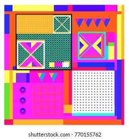 Trendy geometric elements memphis colorful and glowing design. Retro 90’s style texture, pattern and elements. Modern abstract background design and cover template.