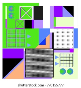 Trendy geometric elements memphis colorful and glowing design. Retro 90’s style texture, pattern and elements. Modern abstract background design and cover template.