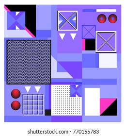 Trendy geometric elements memphis colorful and glowing design. Retro 90’s style texture, pattern and elements. Modern abstract background design and cover template.