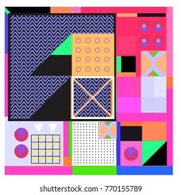 Trendy geometric elements memphis colorful and glowing design. Retro 90’s style texture, pattern and elements. Modern abstract background design and cover template.