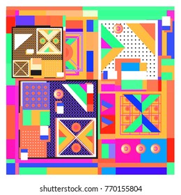 Trendy geometric elements memphis colorful and glowing design. Retro 90’s style texture, pattern and elements. Modern abstract background design and cover template.