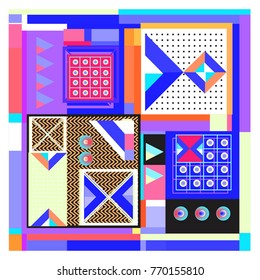 Trendy geometric elements memphis colorful and glowing design. Retro 90’s style texture, pattern and elements. Modern abstract background design and cover template.