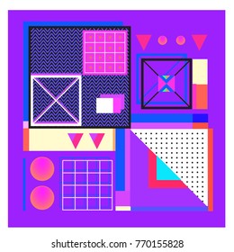 Trendy geometric elements memphis colorful and glowing design. Retro 90’s style texture, pattern and elements. Modern abstract background design and cover template.