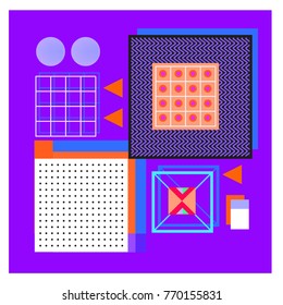 Trendy geometric elements memphis colorful and glowing design. Retro 90’s style texture, pattern and elements. Modern abstract background design and cover template.