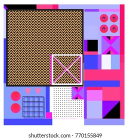 Trendy geometric elements memphis colorful and glowing design. Retro 90’s style texture, pattern and elements. Modern abstract background design and cover template.
