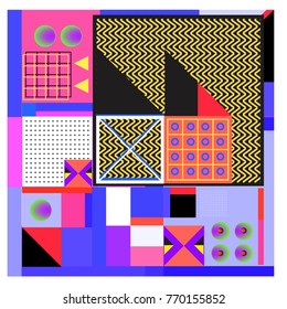 Trendy geometric elements memphis colorful and glowing design. Retro 90’s style texture, pattern and elements. Modern abstract background design and cover template.