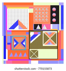 Trendy geometric elements memphis colorful and glowing design. Retro 90’s style texture, pattern and elements. Modern abstract background design and cover template.