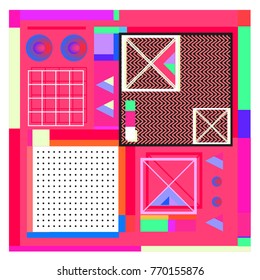 Trendy geometric elements memphis colorful and glowing design. Retro 90’s style texture, pattern and elements. Modern abstract background design and cover template.