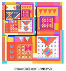 Trendy geometric elements memphis colorful and glowing design. Retro 90’s style texture, pattern and elements. Modern abstract background design and cover template.