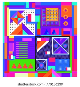 Trendy geometric elements memphis colorful and glowing design. Retro 90’s style texture, pattern and elements. Modern abstract background design and cover template.