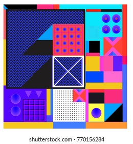 Trendy geometric elements memphis colorful and glowing design. Retro 90’s style texture, pattern and elements. Modern abstract background design and cover template.