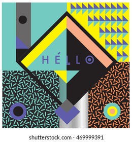 Trendy geometric elements memphis greeting cards design. Retro style texture, pattern and elements. Modern abstract design poster and cover template