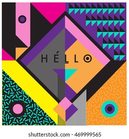 Trendy geometric elements memphis greeting cards design. Retro style texture, pattern and elements. Modern abstract design poster and cover template