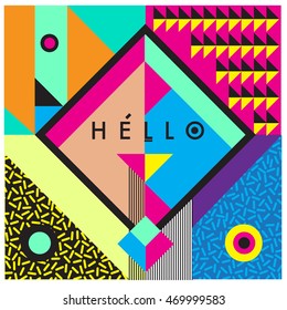 Trendy geometric elements memphis greeting cards design. Retro style texture, pattern and elements. Modern abstract design poster and cover template